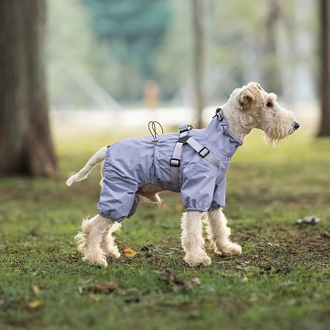 Mile High Life Waterproof Dog Raincoat, Full Coverage Small Dog Rain Coat with Harness, Adjustable 4 Legs Puppy Rain Jacket with Reflective Strip and Elastic Cuffs (Purple, XS Back Length 11.4")