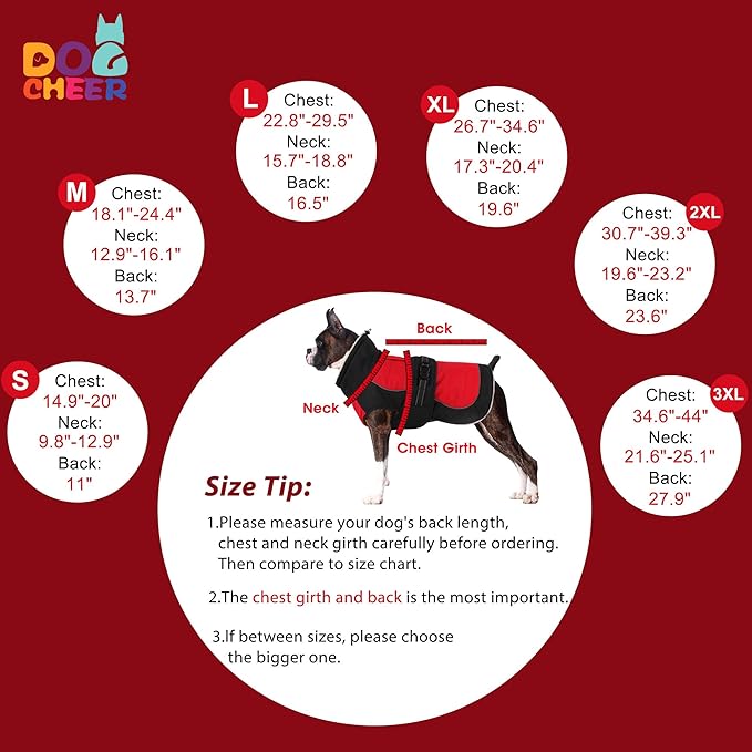 Dogcheer Dog Coat, Christmas Dog Jacket, Waterproof Turtleneck Puppy Winter Coat, Adjustable Pet Puffer Jacket, Reflective Warm Fleece Coats for Small Medium Large Dogs - Red, 2XL