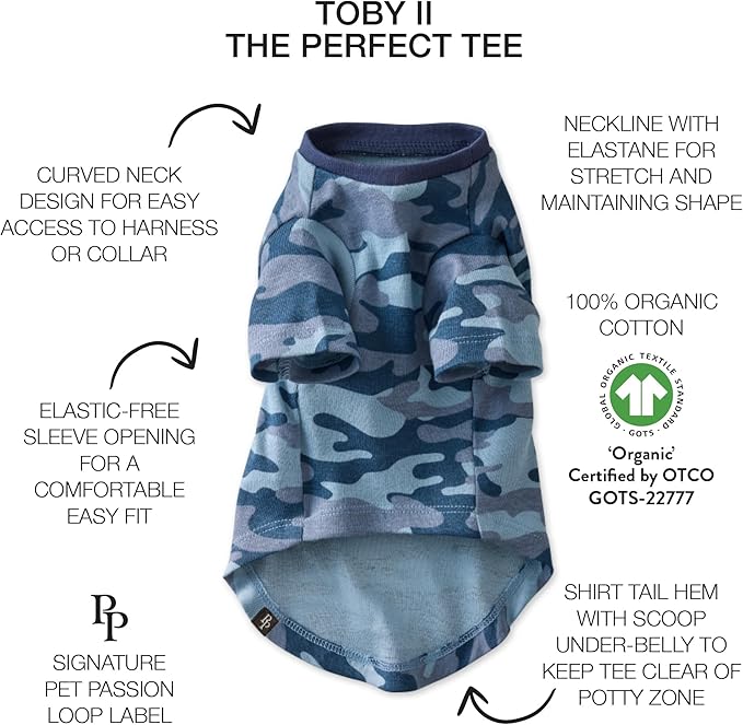 Toby II - The Perfect Tee, 3 Pack Short Sleeve Pet T-Shirt 100% Organic Cotton Tees Clothes for Small, Medium, Large Dogs, Navy Camo, X-Large