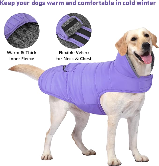 Dog Coat, Waterproof Dog Winter Jacket with Pocket, Reflective Adjustable Pet Snow Vest, Warm Cozy Fleece Sweater for Small Medium Extra Large Dogs - Light Purple, M