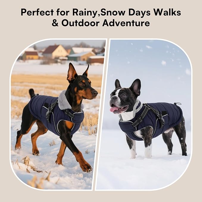 Queenmore Winter Dog Jackets for Large Dogs XXL, Waterproof Winter Coat for Extra Large Pitbull/Great Danes, Warm Puffer Snow Jacket for Cold Weather - Fleece Lining Velcro Closure Reflective, Navy