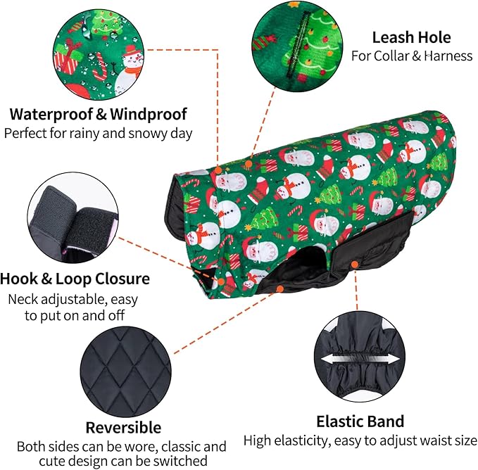 CuteBone Winter Dog Jacket - Reversible Waterproof Windproof Coat With Leash Hole - Soft, Thick, Adjustable Fits Small to Large Dogs
