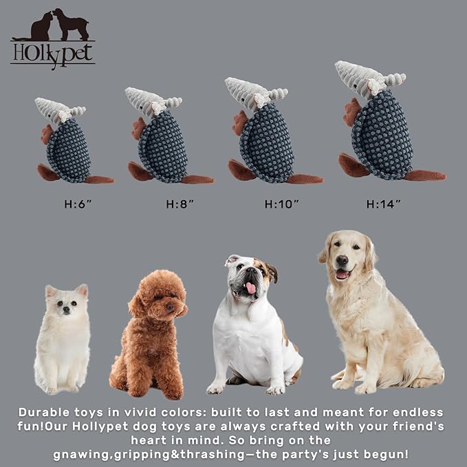 Hollypet Plush Dog Squeaky Toy Stuffed Armadillo Animal Pet Puppy Chew Toys with Clean Teeth for Small Medium Large All Breed Sizes Dogs, White and Light Grey,8 in
