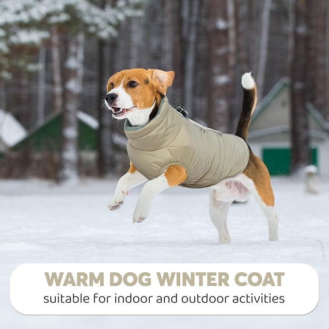 IDOMIK Warm Dog Coat with Harness, Waterproof Reflective Dog Jackets for Small Medium Large Dogs, Fleece High Collar Winter Jacket with Zipper, Pet Winter Snowsuit Clothes for Cold Weather,Khaki 3XL