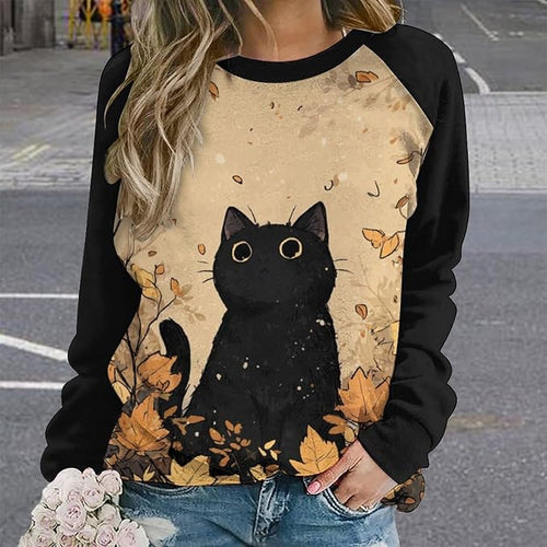 Abstract Cute Cat Shirts for Women Long Sleeve Lady Crewneck Pullover Sweatshirt Fall Winter Oversized Tops