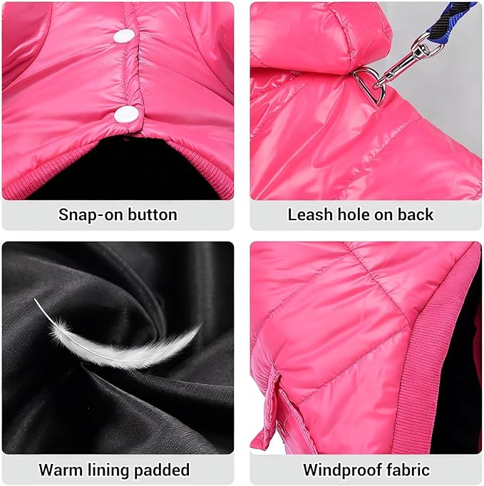 LESYPET Dog Coat for Small Dogs, Windproof Doggie Puffer Jacket with Leash Hole, Extra Warm Dog Jacket Winter Coat, Pink L