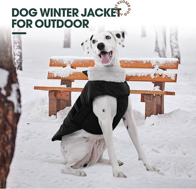Kuoser Large Dog Coat, Winter Waterproof Dog Jackets for Large Dogs, Doggie Vest with Leash Hole, Cold Weather Coats Pet Snow Jacket for Labrador Beagle, Black XXL