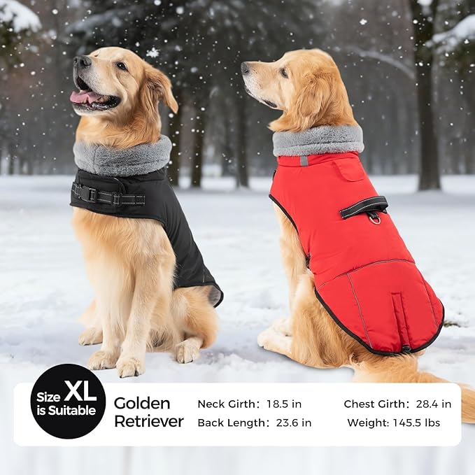 Mihachi Dog Coat for Large Dogs, Warm Dog Winter Coat Waterproof Dogs Jacket with Harness Built in Reflective Pet Fleece Vest, Puppy Cold Weather Coats Turtleneck & Windproof Pet Snowsuit, Black XL