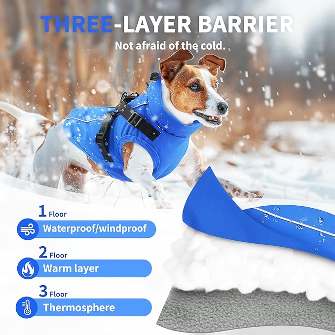 Dog Winter Coat Reflective Water-Resistant Jacket, Fleece Lined Windproof Puppy Coat with Back Zipper & D-Ring, Cold Weather Dog Coats for Small Medium Large Dogs (L, Blue)