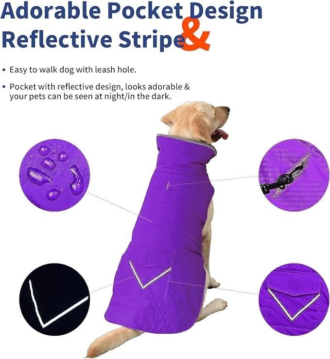 Dog Coat, Waterproof Dog Winter Jacket with Pocket, Reflective Adjustable Pet Snow Vest, Warm Cozy Fleece Sweater for Small Medium Extra Large Dogs - Purple, M