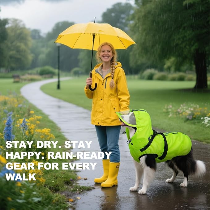 Dog Raincoat XL, Waterproof Rain Jacket for Dogs with Adjustable Built-in Harness & Back Zipper, Reflective Strip, Removable Hood, for Rainy Walks, Muddy Roads - Fluorescent Green