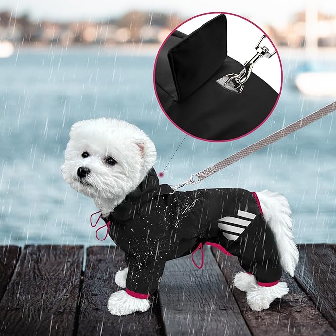 Dog Raincoat, Waterproof Dog Rain Jacket with Hood, Rain Coat with Leash Hole, Reflective Strap for Small Medium Dogs, Lightweight Puppy Clothes(Black,XS)