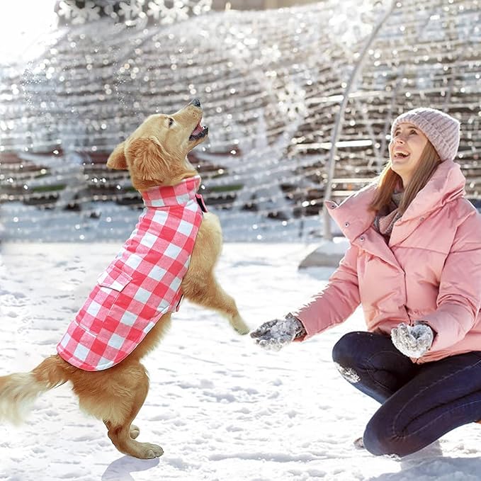 Malier Dog Coat, Classic Plaid Fleece, Windproof Warm Winter Jacket with Pocket, X-Small, Pink