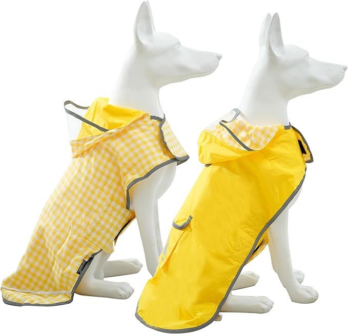 MAMORE Dog Raincoat Reversible,Waterproof Dog Rain Coat Hooded Slicker Poncho with Reflective Strip, Plaid Double Layer Rain Jacket for Small Medium Large Dogs (Yellow, Small)