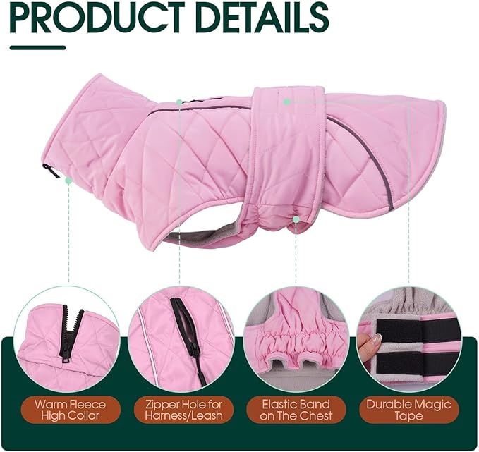 Kuoser Dog Coat, Extra Warm Dog Jacket Windproof Dogs Cold Weather Coats for Large Dogs, Fleece Lining Turtleneck Puppy Snowsuit Reflective Adjustable Pet Winter Clothes Christmas, Pink L