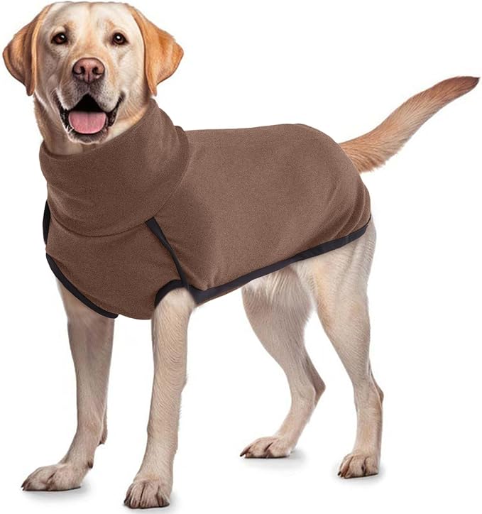 ROZKITCH Dog Fleece Sweater, Pet Windproof Warm Cold Weather Jacket Vest Cozy Jumpsuit Apparel Outfit Clothes for Walking Hiking Travel Sleep Brown L