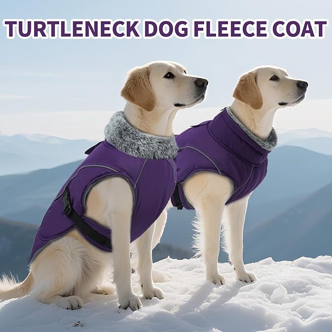 DENTRUN Extra Large Warm Dog Jacket - Windproof Water Repellent Reflective Coat, Adjustable Plush Turtleneck, Easy Wear Fleece Lined Cold Weather Vest for Great Dane, Purple, XXXL