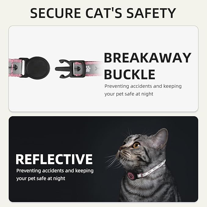Waterproof Airtag Cat Collar, Reflective With Bell, Breakaway Holder, Lightweight for Apple Air Tag, GPS Collars for Girl Boy Cats, Kitten (Pink)