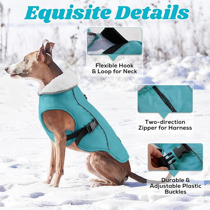 EMUST Dog Winter Coat, Thick Windproof Pet Jacket Winter, Pet Cold Weather Coats for Small/Medium/Large Dog, Turquoise, XXL