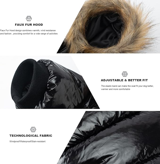 PINA Dog Winter Coat with Faux Fur Hood, Windproof and Warm, Suitable for Small to Large Dogs, Black, M