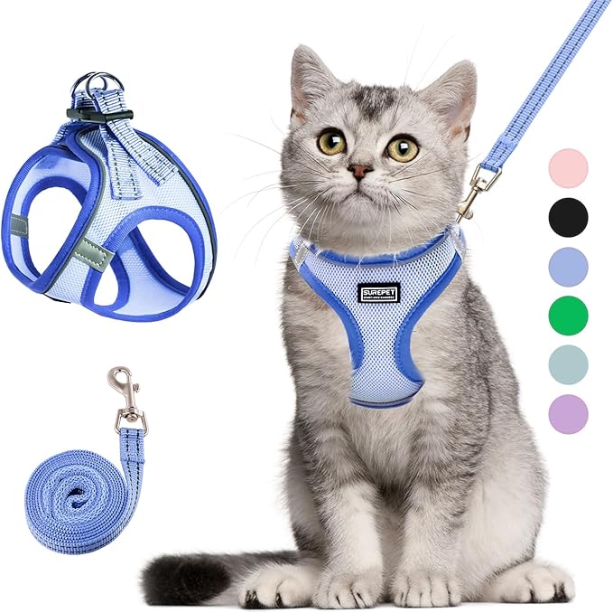 Cat Harness and Leash Set, Soft and Breathable Vest with Reflective Strip, Escape Proof Kitten Harness, Easy to Wear for Cats Walking and Traveling (Blue, L)