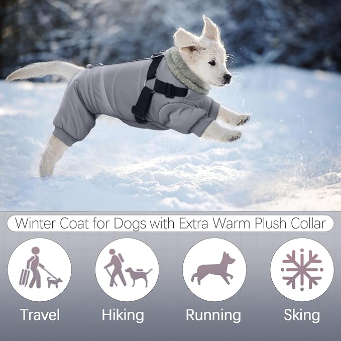BRKURLEG Grey Dog Winter Coat, Cozy Winter Dog Jackets, Small Dogs Coat with Harness, Onesie Body Warm Puppy Jacket, Pet Reflective Windproof Cold Weather Jackets, Puppy Four-Legged Puffer Coats, XL