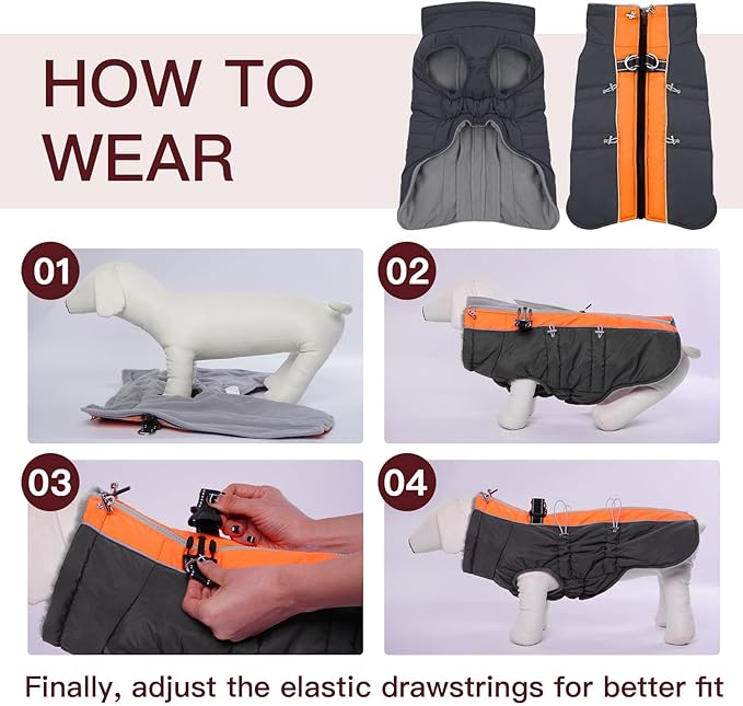 Small Dog Coat - Winter Jacket, Warm Zip Up Snowsuit, Reflective, Water-Resistant, Orange-Gray for Small Dogs, Yorkie, Toy Poodle