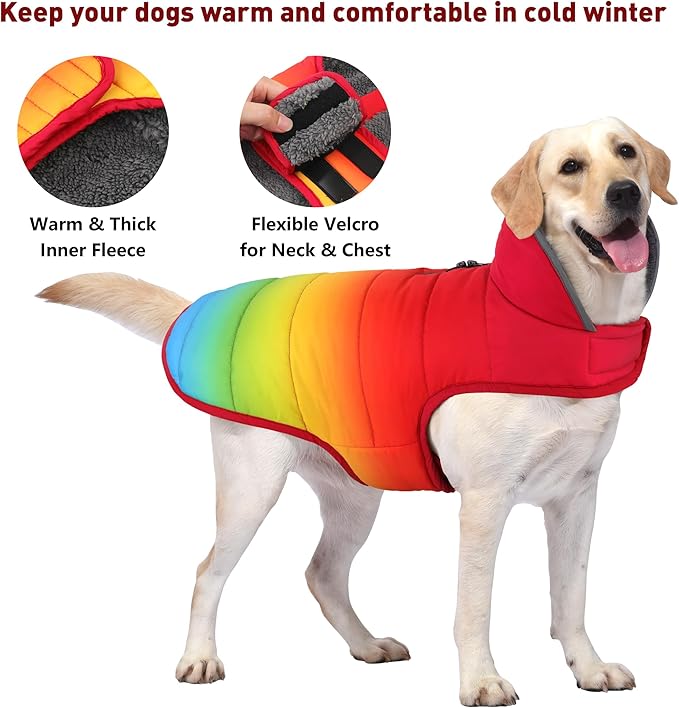 Dog Winter Coat, Waterproof Dog Jacket with Leash Hole, Reflective Adjustable Pet Snow Vest, Warm Fleece Sweater for Small Medium Large Dogs - Rainbow, 2XL