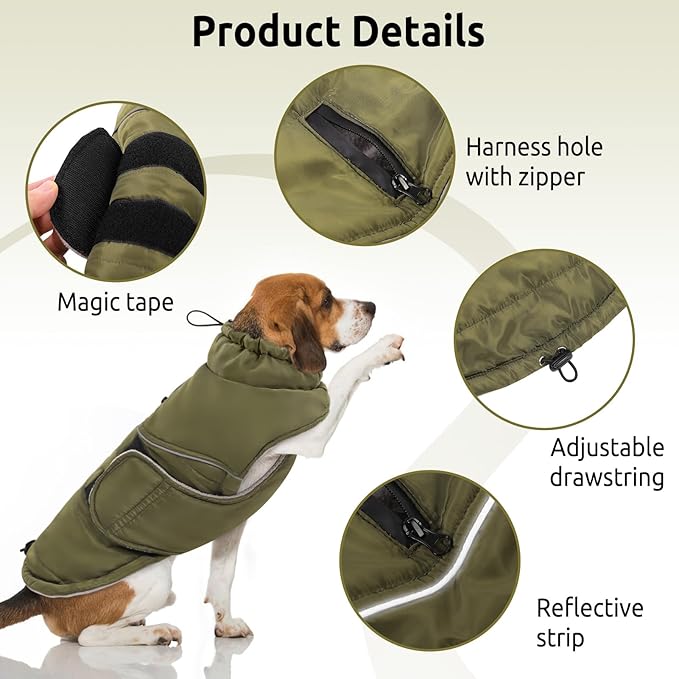 Peferhouse Dog Warm Winter Coat for Large Dogs - Male, Cold Weather Jacket, Windproof, Reflective, Thick Vest, ArmyGreen, 2XL