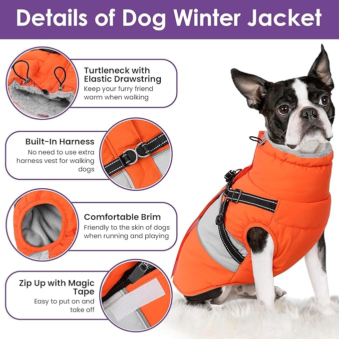 SUNFURA Dog Jacket, Large Dog Coat with Harness Built in, Warm Pet Winter Jacket Zippered Snow Coat with Furry Collar, Waterproof Fleece Snowsuit for French Bulldog, Orange L