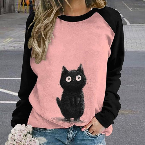 Abstract Cute Cat Shirts for Women Long Sleeve Lady Crewneck Pullover Sweatshirt Fall Winter Oversized Tops