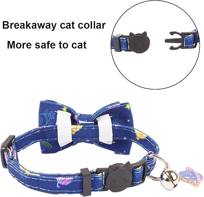 ADOGGYGO Cat Collar Breakaway with Cute Bow Tie Bell, 2 Pack Kitten Collar with Removable Bowtie, Universe Dinosaur Bowtie Collar for Cats (7.5"- 10.5")