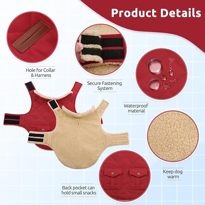 ASENKU Warm Dog Winter Coat, Waterproof Dog Coat for Cold Weather, Fleece Dogs Jacket with Ultra Thick Plush Lining Leash Hole Storage Pockets for Small Dogs (Red, X-Small)