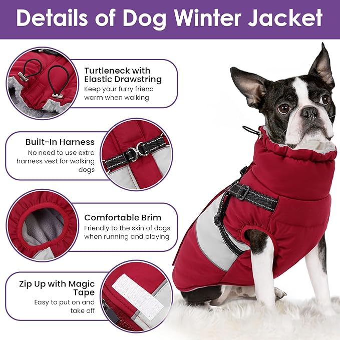 SUNFURA Dog Coat, XXXL Dog Jacket Winter with Harness Built in, Waterproof Pet Snow Jacket with Furry Collar for Chilly Day, Reflective Fleece Snowsuit for Extra Large Dogs, Burgundy 3XL