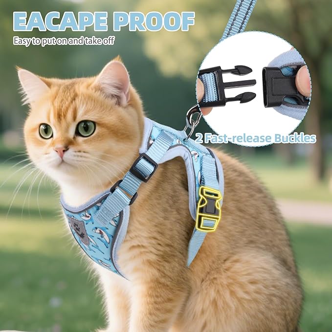 PUPTECK Cat Harness and Leash Set Escape Proof Reflective Cat Walking Harness Adjustable Soft Breathable Mesh Vest for Small Pets, Blue Sharks, S