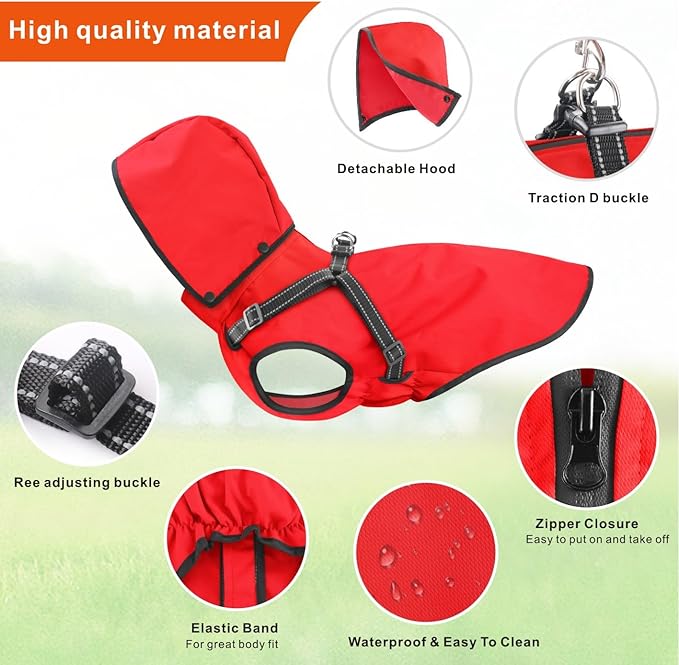Mosucoirl Dog Raincoat Waterproof Dog Hoodie Reflective Dog Raincoat Hooded Adjustable Rain Jacket for Small Medium Large Dogs Puppies (Red, XXL)