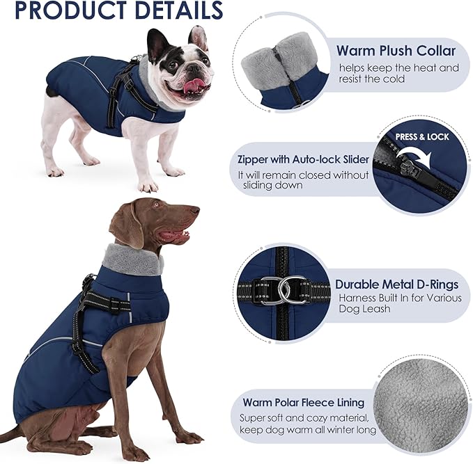 AOFITEE Small Dog Coat, XS Dog Jacket Winter with Harness Built in, Warm Fleece Puppy Coat, Waterproof Pet Puffer Jacket Snowsuit with Zipper, Reflective Dogs Cold Weather Coats Sweater, Blue XS
