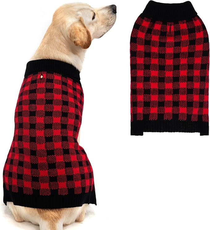 PUPTECK Dog Sweaters for Large Medium Small Dogs - Fall Classic Plaid Style Puppy Holiday Winter Coat Clothes Warm