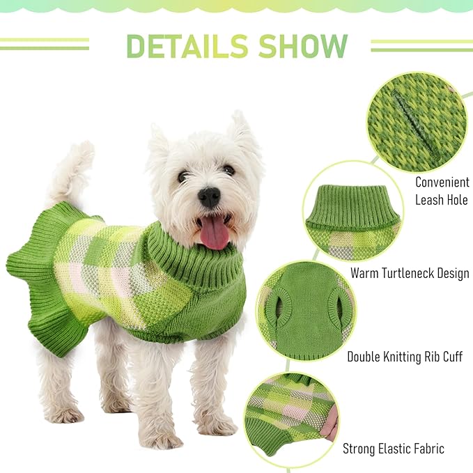 Dog Sweater Dress Plaid Knitwear for Small Medium Dogs Warm Puppy Pet Turtleneck Stretch Pullover Cute Fall Winter Vest Clothes with Leash Hole for Christmas (Green, S)
