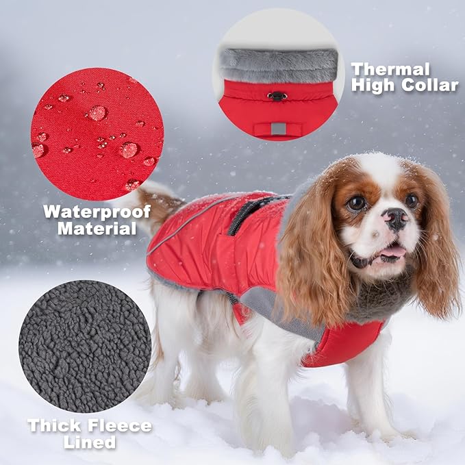 KYEESE Waterproof Dog Coat, Windproof Warm Winter Jacket with Thick Fleece Lined, Cozy Turtleneck Dog Coats for Large Dogs with Leash Hole, Reflective Outdoor Cold Weather Coat, Red, XXX-Large