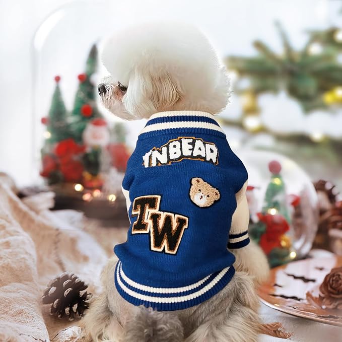 Small Dog Sweater Sweatshirt Cute Blue Puppy Sweaters - Winter Warm Knitted Bear Design for Small Puppies (M)