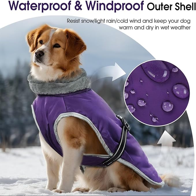 Dog Coat for Large Dogs,XL Dog Winter Jacket,Warm Turtleneck Dogs Coat with Reflective,Pet Vest Water-Resistant Doggy Snowsuit Snow Jacket,Winter Waterproof Windproof Pet Vest Coats,Purple,XL