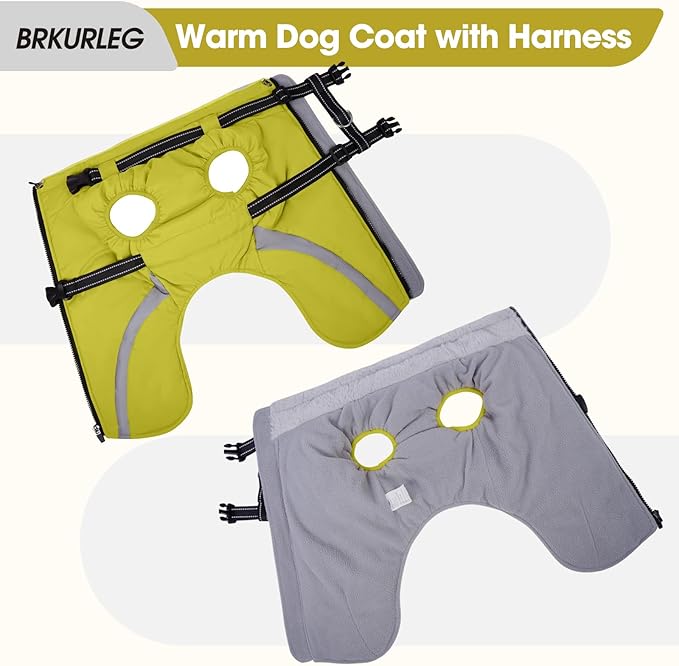BRKURLEG Dog Winter Jackets for Large Dogs, Dog Coat with Harness Built in, Dogs Snowsuits with Zipper, Waterproof Windproof Pet Puffer Jacket Fleece Vest for Beagle, Pitbull, Green XL