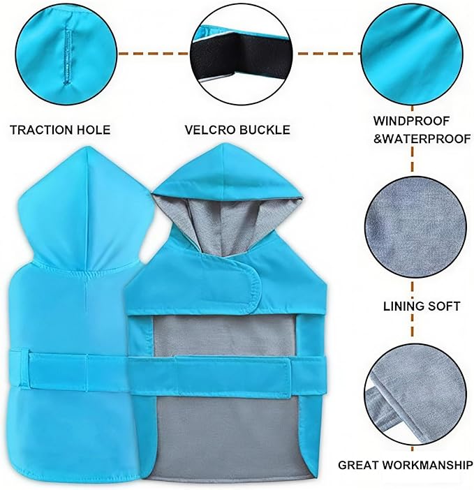 Dog Raincoat Dog Rain Jacket Poncho Waterproof Pet Rain Suit Double Layer Breathable Lining Hooded Leash Hole Adjustable Puppy Small Medium Dogs,Blue,L