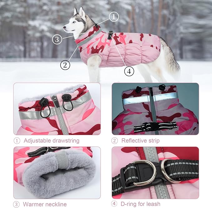 Lelepet Warm Dog Winter Coat Dog Coats for Small Dogs Waterproof Dogs Jacket with Harness Built in Reflective Cold Weather Coats Windproof Zip-Up Winter Fleece Vest Snowsuit Yorkie Pink Camo S