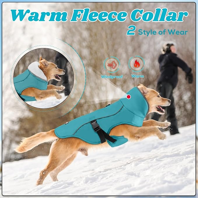 EMUST Dog Coat for Winter, Cozy Winter Jackets for Small/Medium/Large Dogs, Solid Color Dog Apparel for Cold Weather with Fleece Lining, Turquoise, XXXL