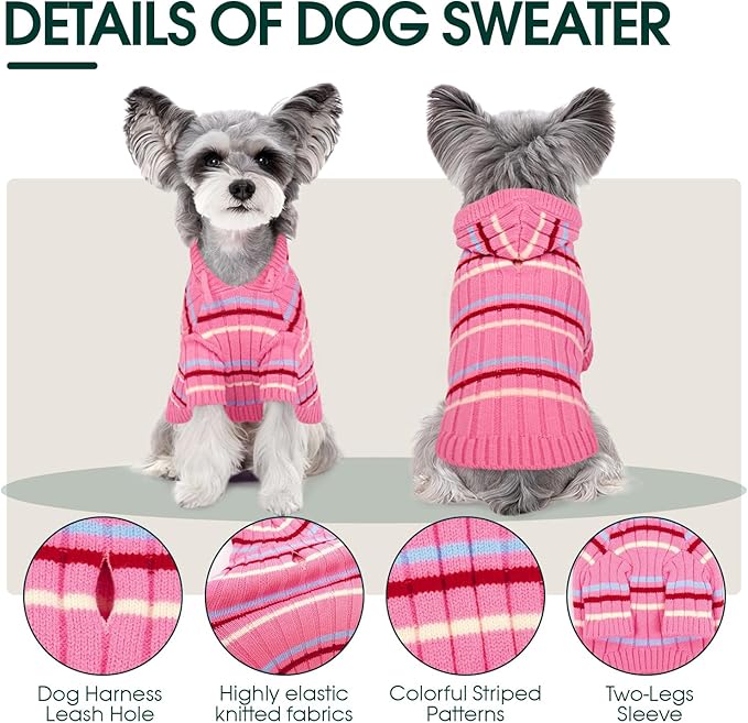 Kuoser Small Dog Sweater, Dog Sweaters for Small Dogs Male, Girl Boy Dogs Christmas Sweater, Hooded Striped Pet Puppy Pullover Sweatshirt Outfits for Chihuahua, Dachshund, Pug, Yorkie, Pink S