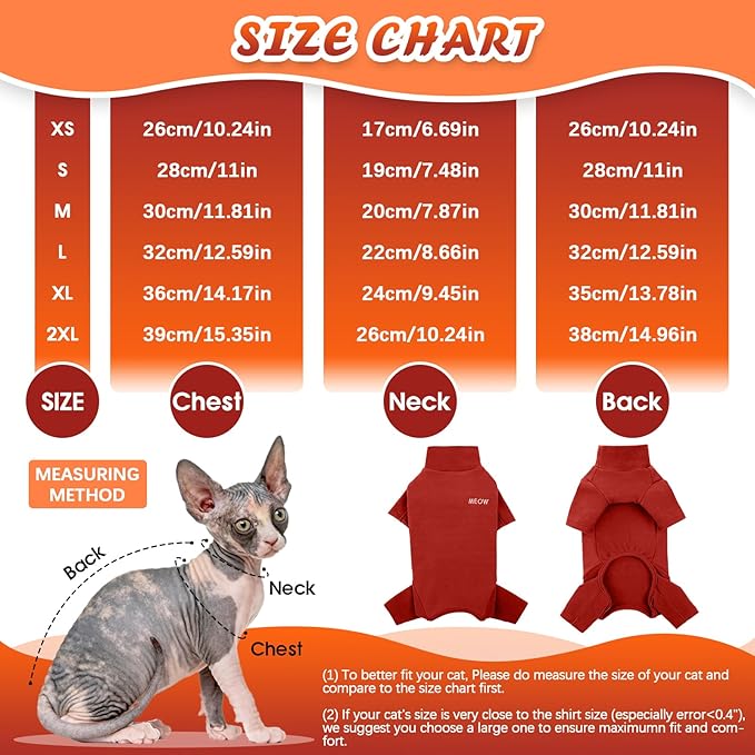 ROZKITCH Hairless Cat Clothes, Breathable Soft Cat Jumpers for Cats Only, Cat Coat with Four Legs, Warm Cat Sweater Cat T-Shirt Cat Pajamas Jumpsuit Vest Cornish Rex Devon Rex Peterbald Red L
