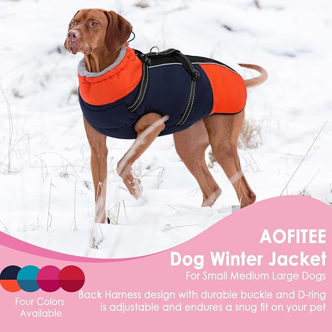 AOFITEE Dog Coat for Large Dogs, Waterproof Dog Winter Jacket with Built in Harness, Warm Turtleneck Cold Weather Coats Large, Reflective Fleece Lined Snow Jacket for French Bulldog, Boston Terrier, L