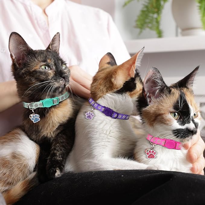 4PCS Breakaway Cat Collars,Reflective Cat Collar with Bells,Kitten Collars for Boy&Girl Cats Breakaway Collar for Cats with Paw Pendant 6-9 Inch(Purple+Hotpink+Red+Teal)